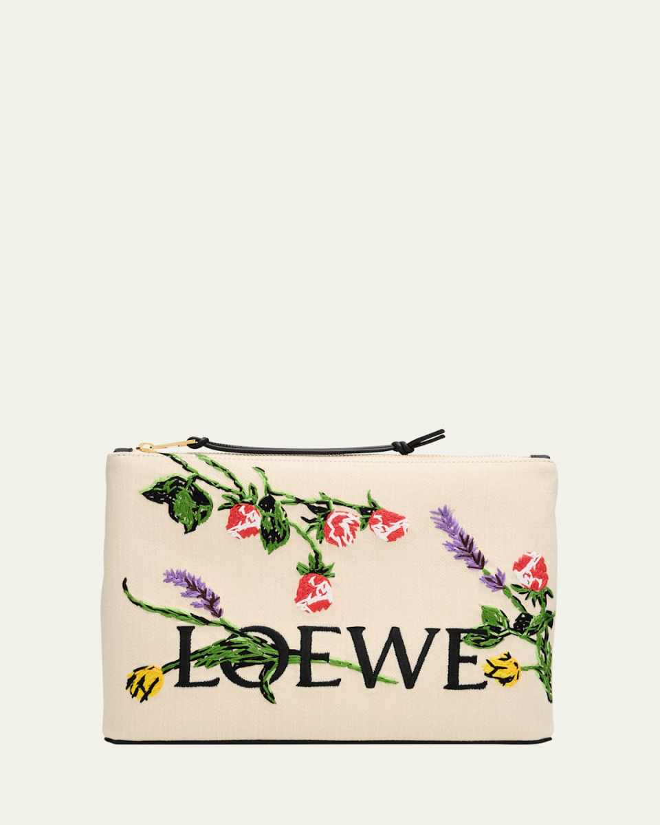 x Paula's Ibiza Oblong Pouch Bag in Canvas with Flowers